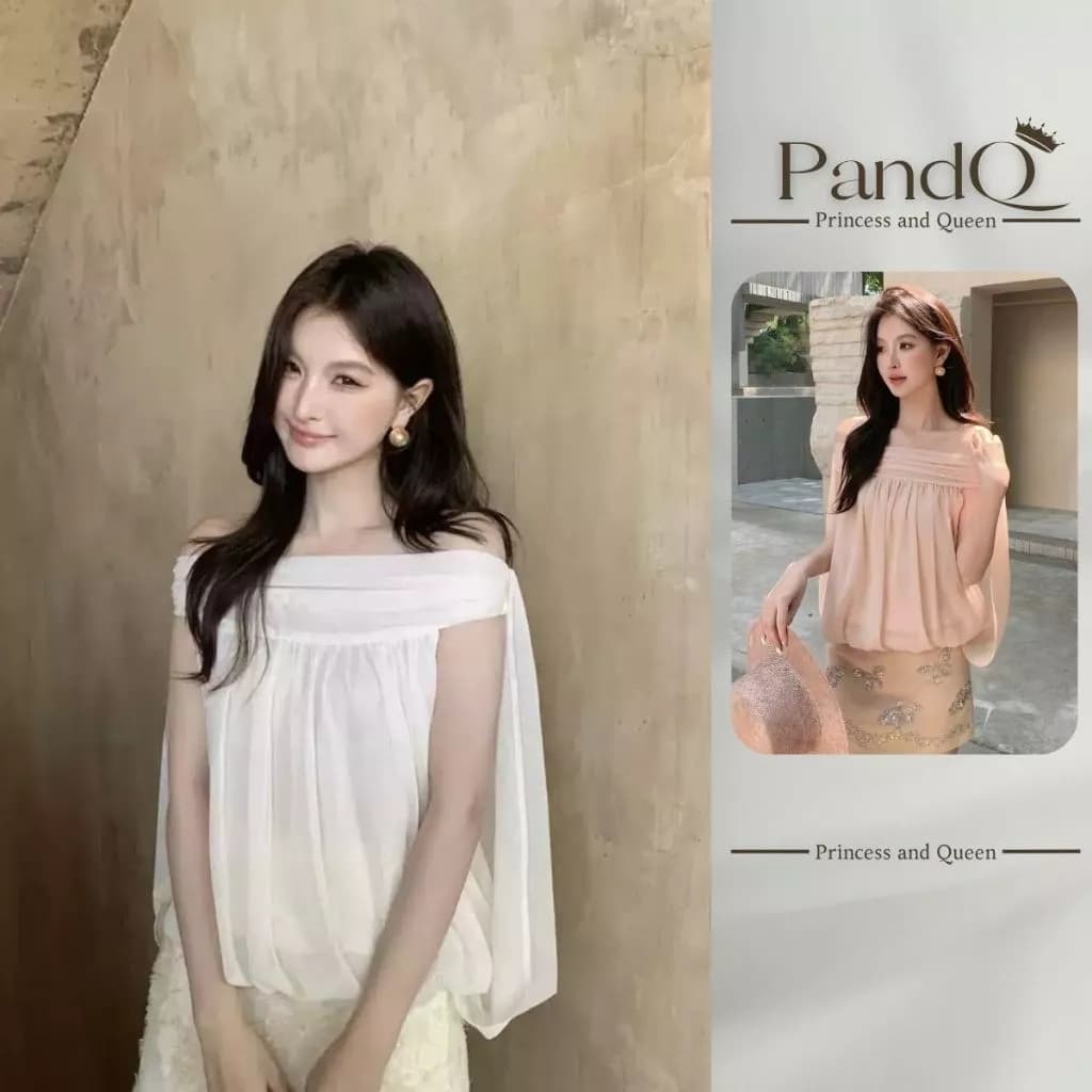 Áo Trễ Vai Tơ Voan PandQ Dáng Suông Bo Gấu Vạt Choàng Màu Trắng Hồng Phong Cách Tiểu Thư Nữ Cao Cấp | ao0021