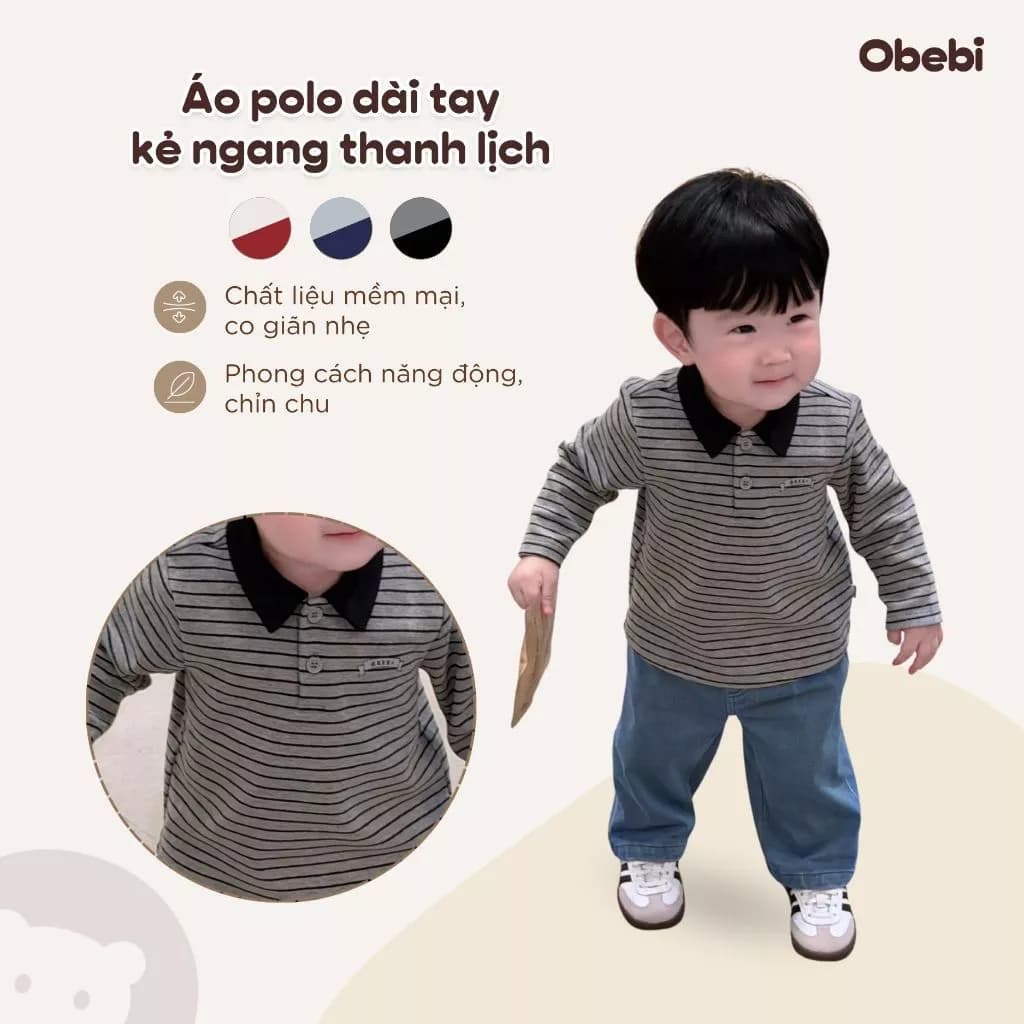 Áo Polo Dài Tay Thu Đông Họa Tiết Kẻ Thời Trang Cho Bé Trai Bé Gái Obebi Từ 8 - 23kg A615