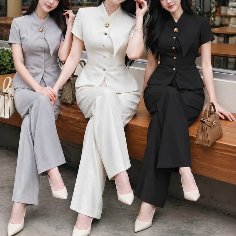 (LƯNG QUẦN TÂY ) Set Vest Nữ Công Sở Tay Ngắn Kèm Quần Tây, Thiết Kế Sang Trọng Thanh Lịch  NY NA STORE