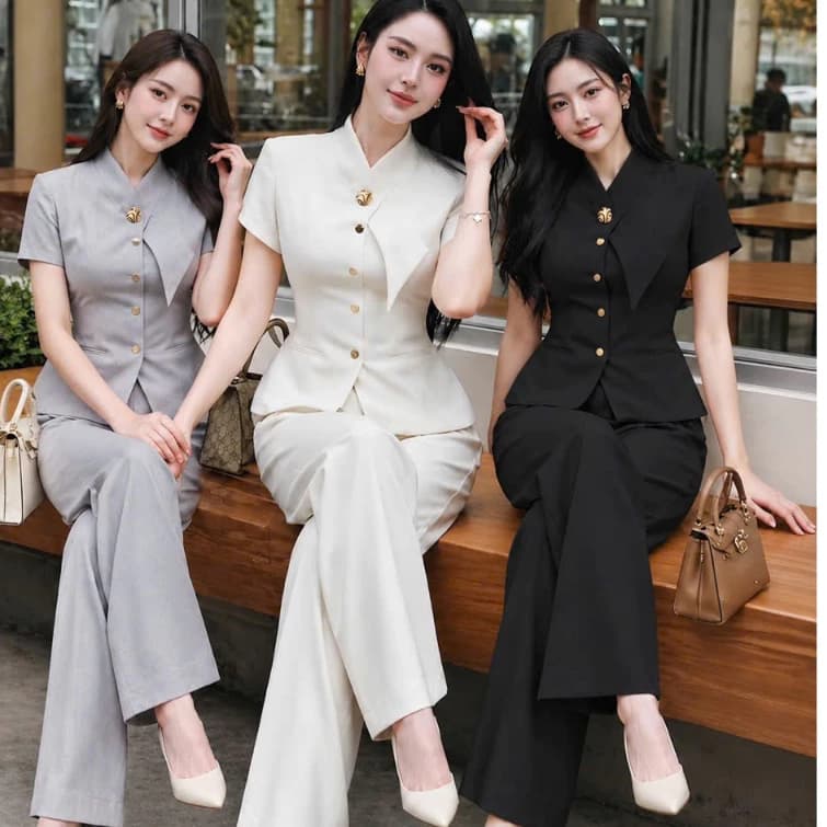 (LƯNG QUẦN TÂY ) Set Vest Nữ Công Sở Tay Ngắn Kèm Quần Tây, Thiết Kế Sang Trọng Thanh Lịch  THOITRANGNAM1986