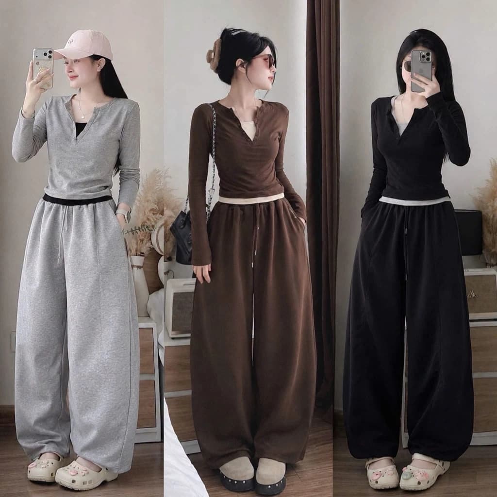 Set Bộ Đồ Nữ Len Tăm Thỏ Trơn Áo Cổ Tròn Cài Cúc Lửng Phối Màu Mix Quần Suông Dài Ống Rộng
