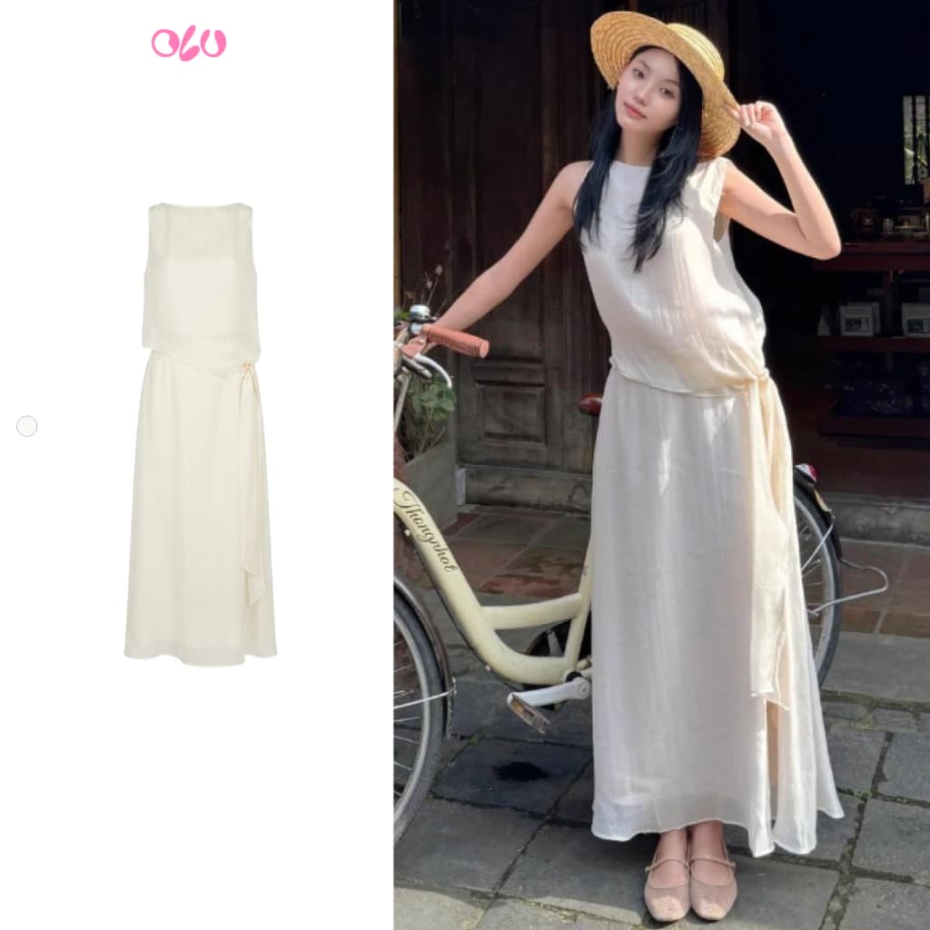Set OLV áo và chân váy đũi thanh lịch mềm mại Cream Muslin Tie Waist Set phù hợp đi chơi đi làm