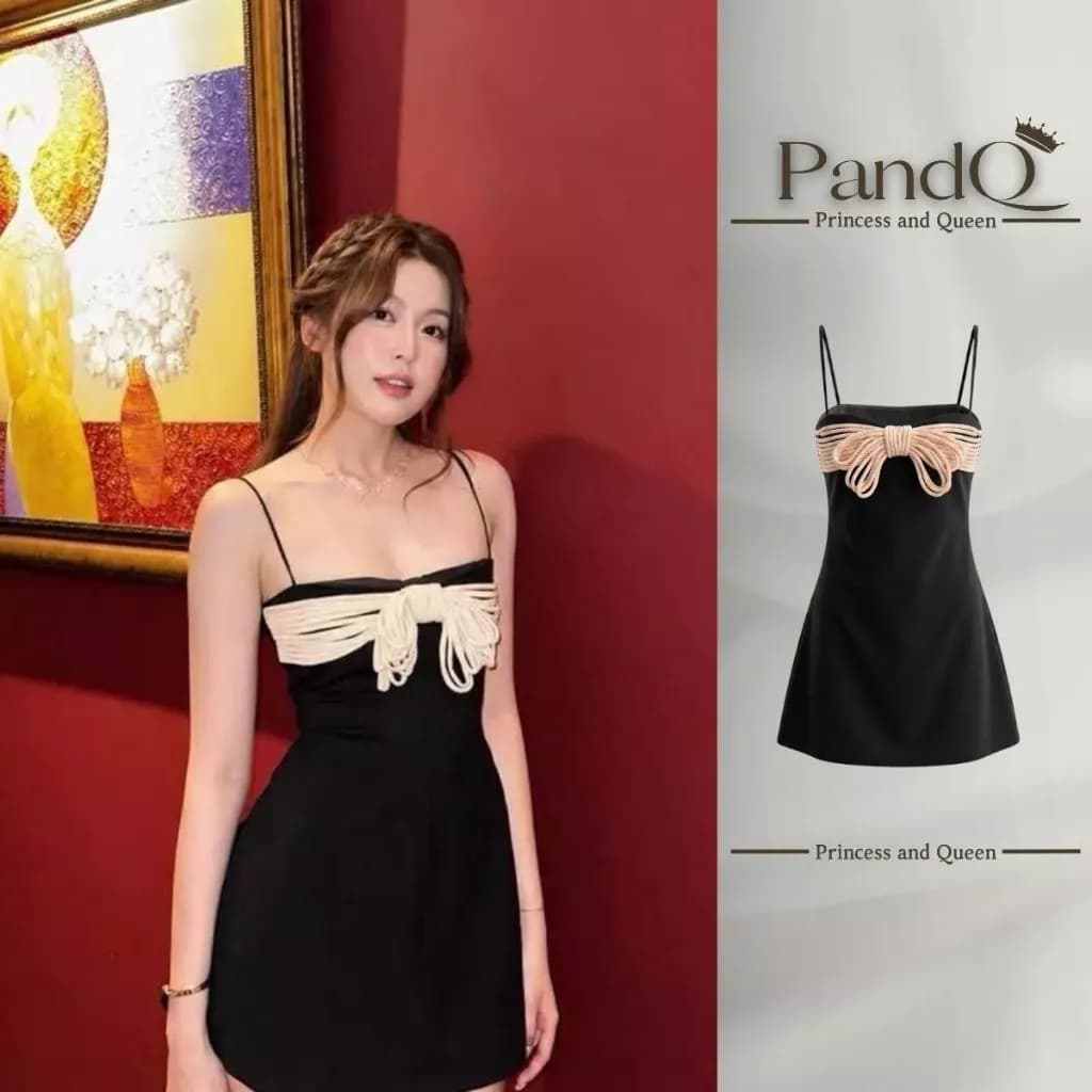 Váy Hai Dây Đính Nơ Ngực PandQ Đầm Ngắn Dáng Ôm Xòe Màu Đen Phối Kem Thiết Kế Tôn Dáng Quyến Rũ Dự Tiệc | vd0149
