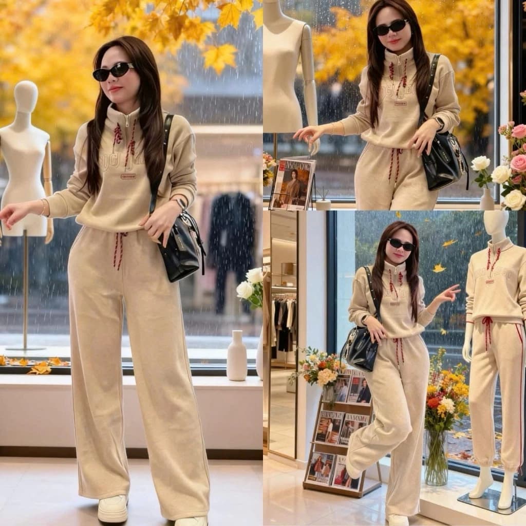Set Bộ Đồ Nữ Len Tăm Lông Thỏ Thêu Chữ Đỏ Áo Dài Tay Cổ Khóa Lửng Dây Rút Gấu Mix Quần Suông Dài Ống Rộng