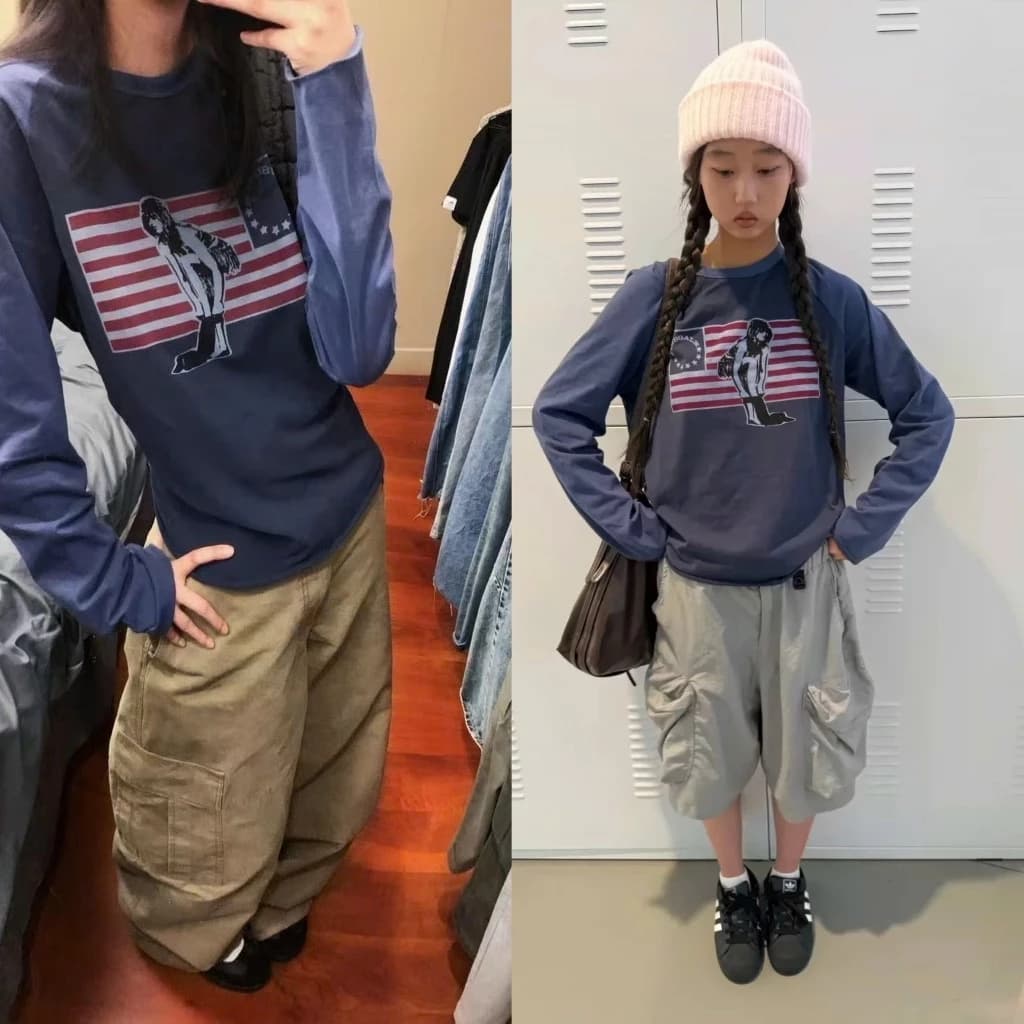 Áo Thun Nữ Tay Dài Xanh Navy Họa Cờ Mẽo Phong Cách Y2K Vintage Cá Tính - TikTik