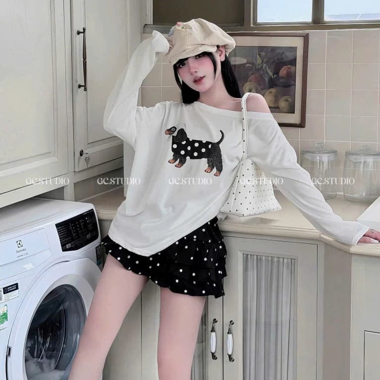 Set Bộ Đồ Nữ Áo Thun Giấy Trắng Lệch Vai In Cún Bi Dài Tay Mix Chân Váy Đũi Chấm Bi Đen Trắng Xòe Tầng