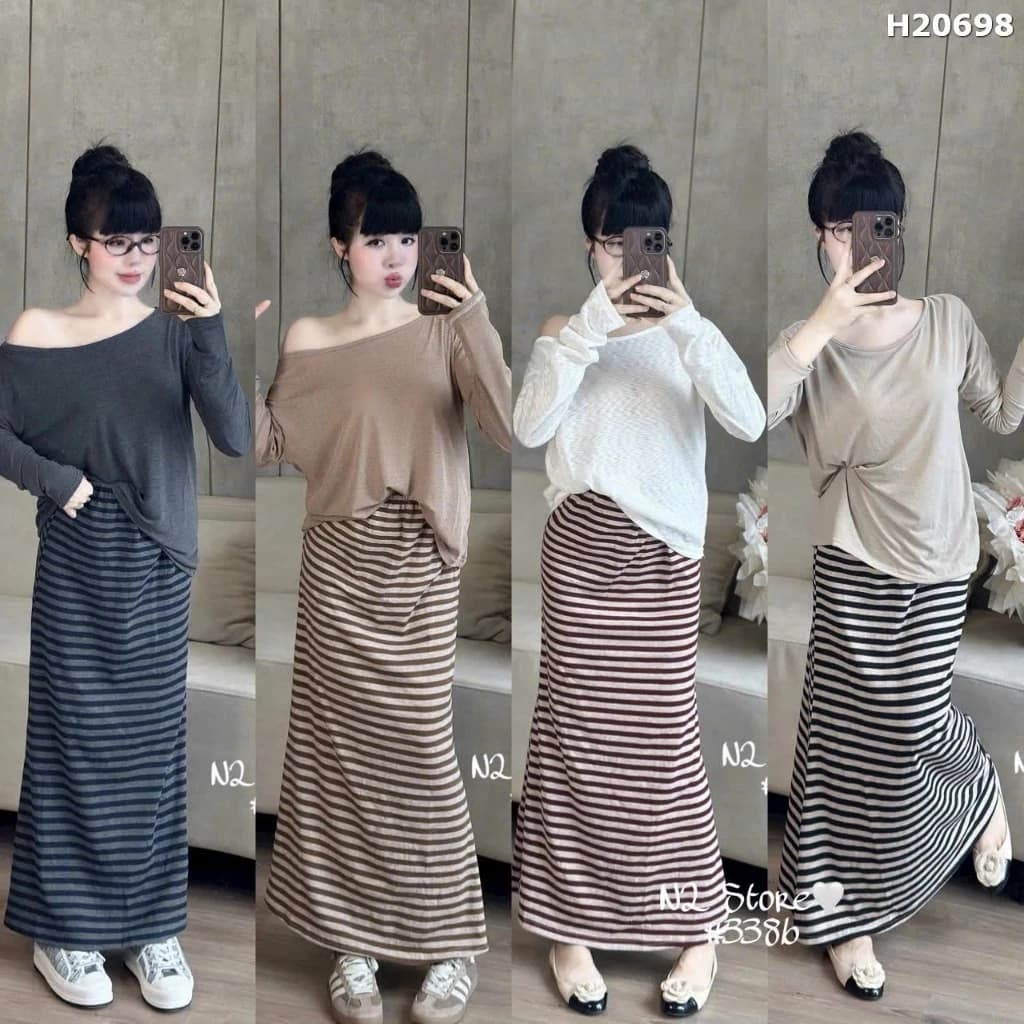 Set Bộ Đồ Nữ Áo Thun Giấy Trơn Dài Tay Lệch Vai Mix Chân Váy Zip Kẻ Ngang Dáng Dài