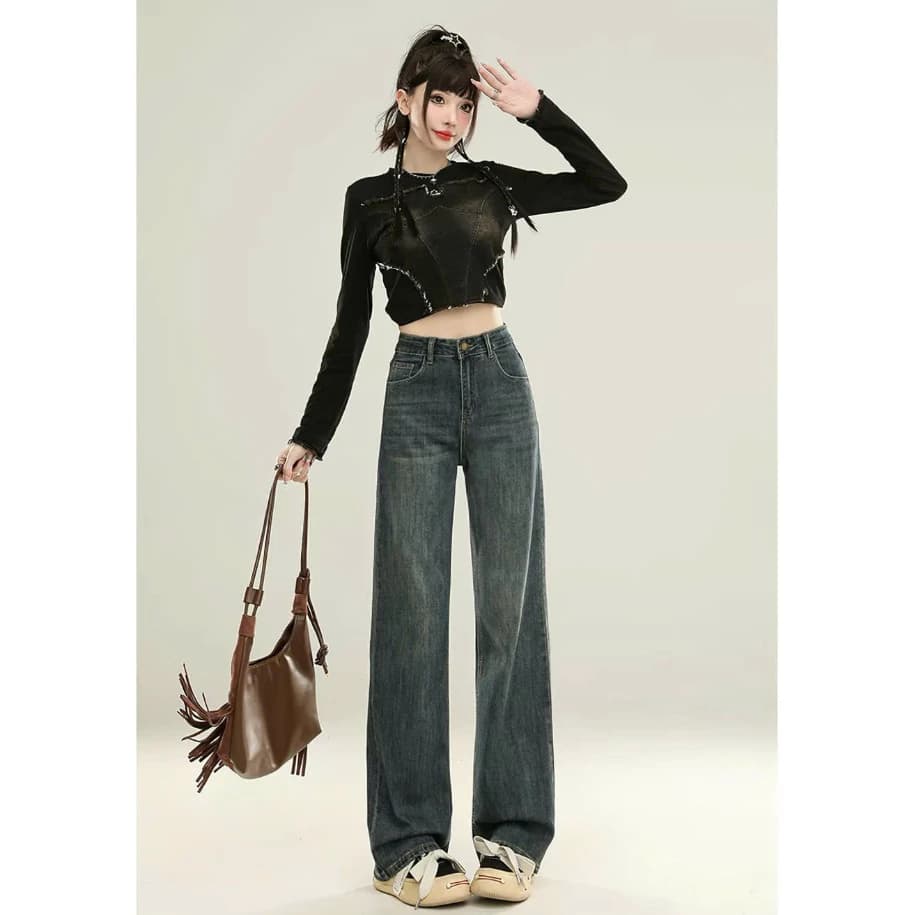 Quần Jean Nữ Ống Đứng Cạp Cao Tôn Dáng, Quần Jeans Nữ Dáng Suông Dài Phong Cách Cổ Điển ED23