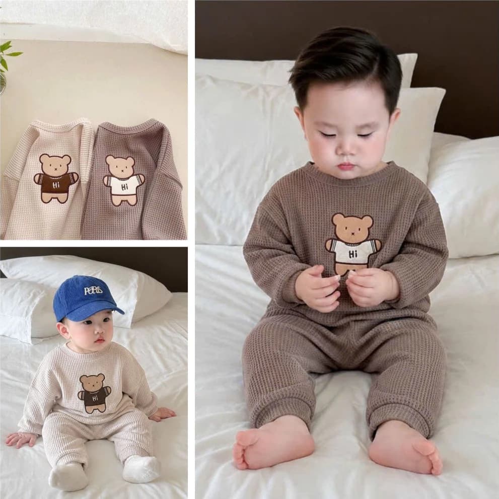 Bộ thu đông bé trai chất tổ ong, bộ dài tay bé trai chất tổ ong mềm đẹp hình gấu dễ thương [9-24kg]