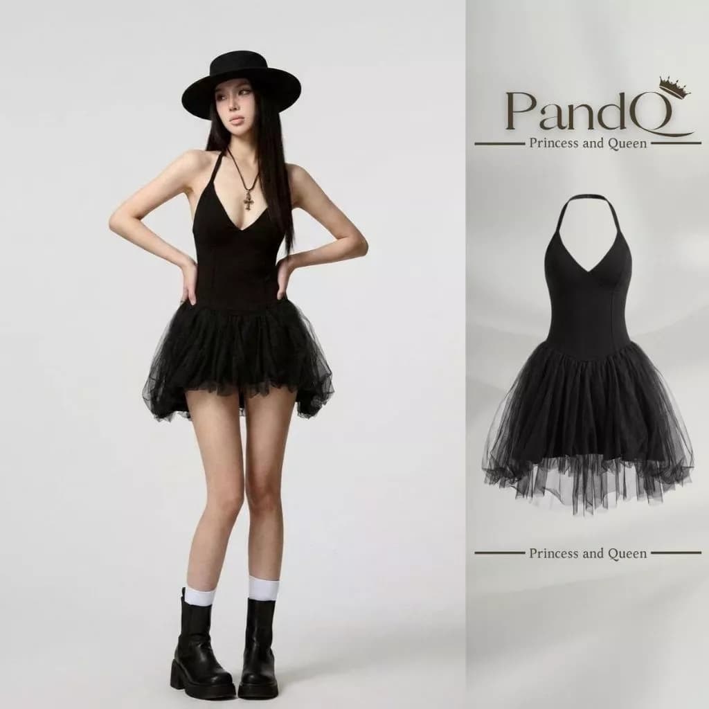 Váy Cổ Yếm PandQ Thân Ôm Corset Chân Váy Tơ Lưới Xòe Phồng Màu Đen Phong Cách Balletcore Sang Chảnh | vd0150