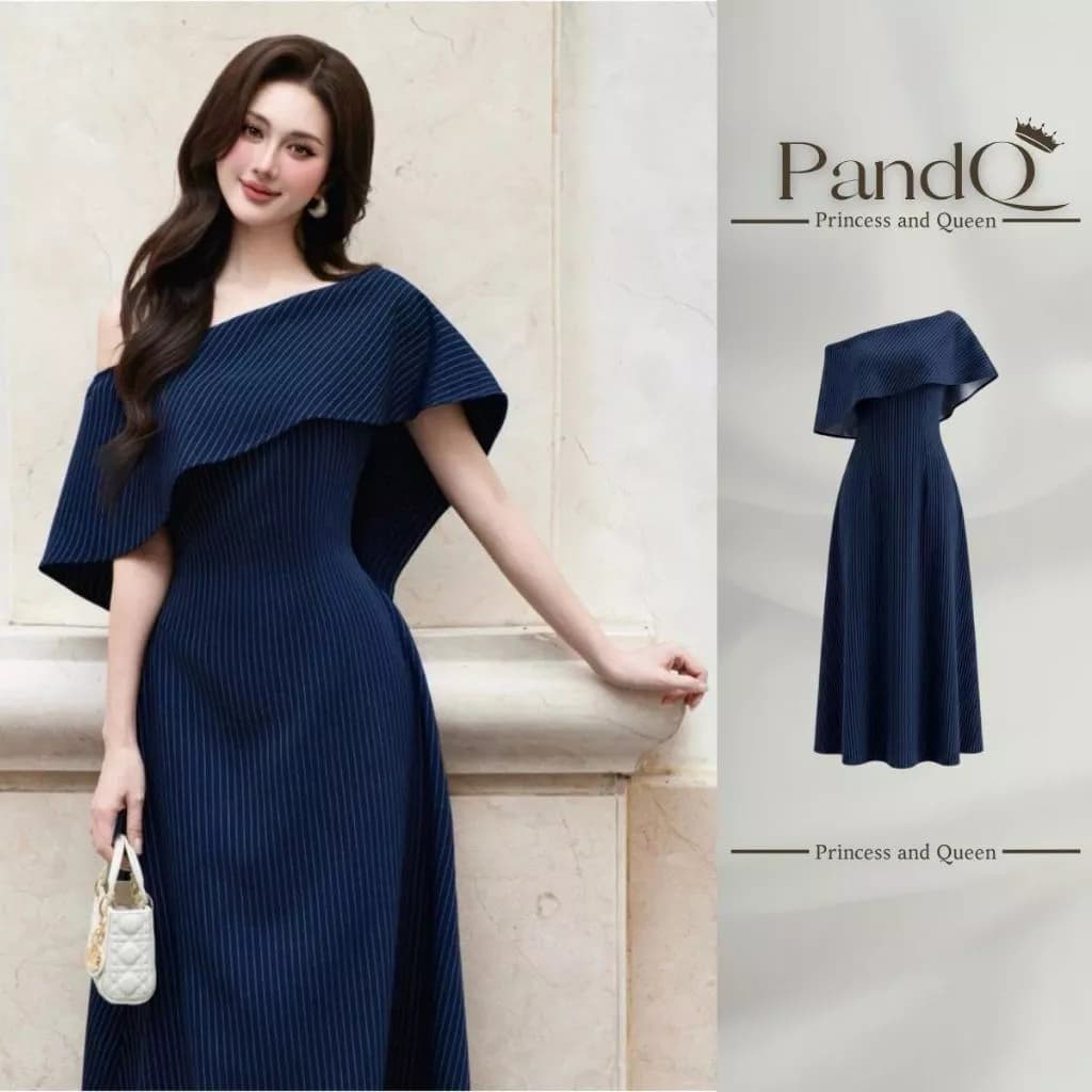 Váy Dài Lệch Vai PandQ Họa Tiết Kẻ Sọc Dáng Xòe Phối Vạt Choàng Vai Tôn Dáng Cao Cấp Dự Tiệc Công Sở | vd0151