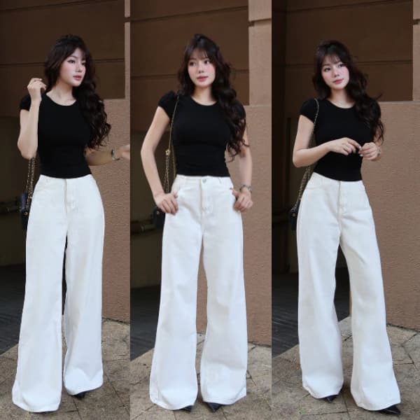 COKI - Quần Jean Nữ Ống Rộng Loe Màu Trắng Ống 30CM Lưng Cao Tôn Dáng Chiều dài 104cm