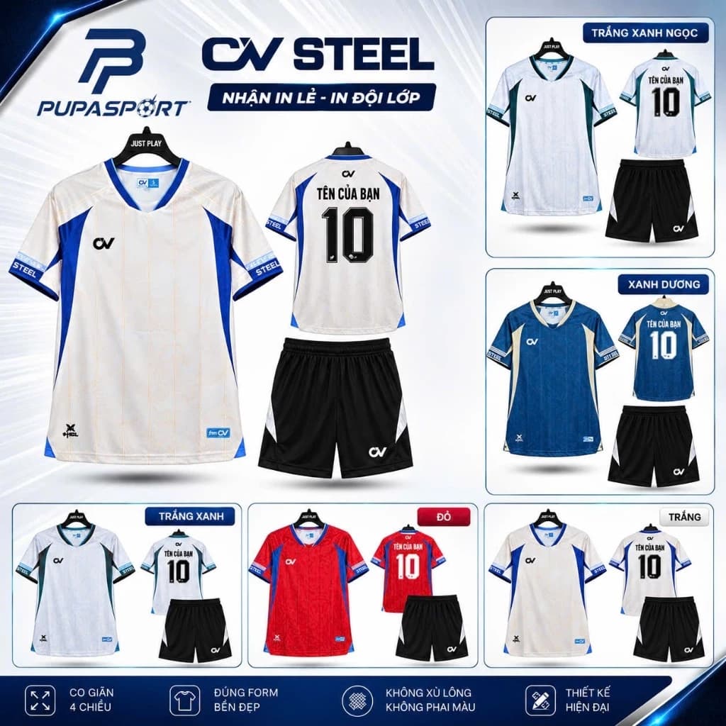 Bộ Đồ Đá Banh CV STEEEL - 5 Màu, Vải Mè Cao Cấp Cho Nam Nữ, Có In Tên Unisex Quần Sport Top