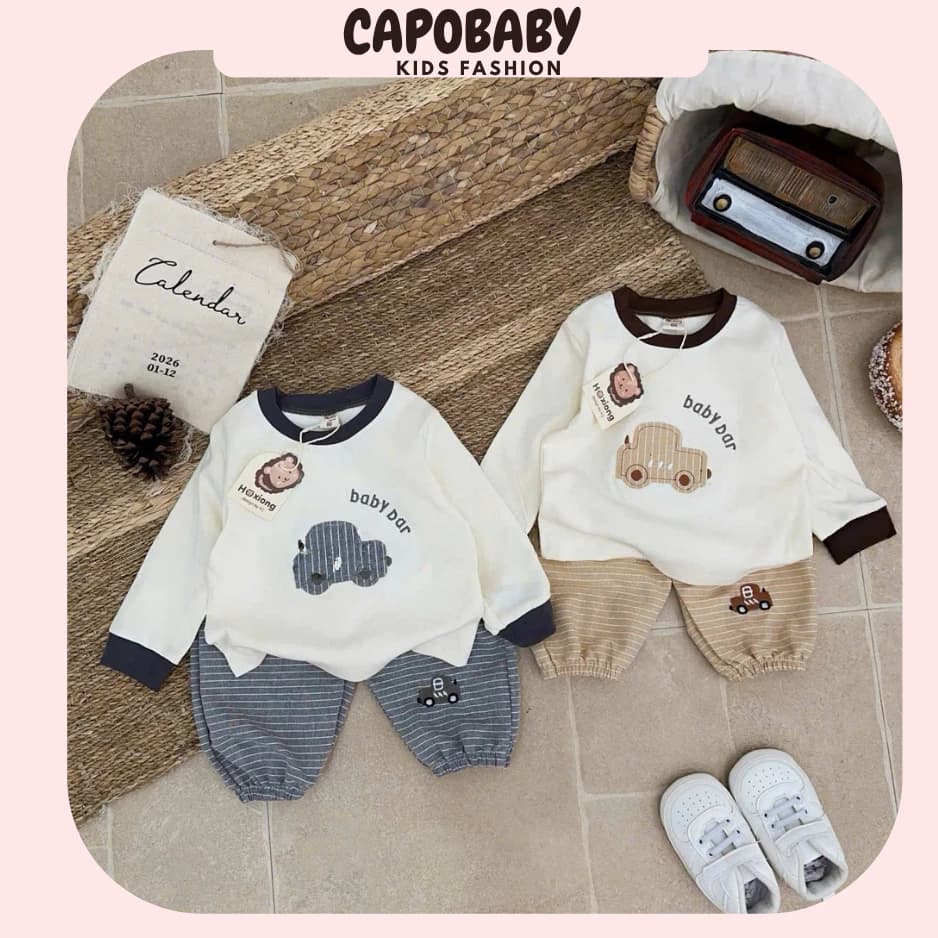 Set Quần Áo Thu Đông Bé Trai CapoBaby Họa Tiết Ô Tô Baby Car Phối Quần Kẻ Kèm Thêu Xe Chất Cotton Nỉ Mềm Dày Dặn(TD46)