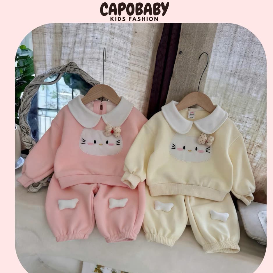 Bộ Thu Đông Bé Gái CapoBaby Thiết Kế Cổ Sen Đính Nơ Hình Mèo Dễ Thương Chất Nỉ Bông Dày Dặn Ấm Áp Cho Bé(TD007)