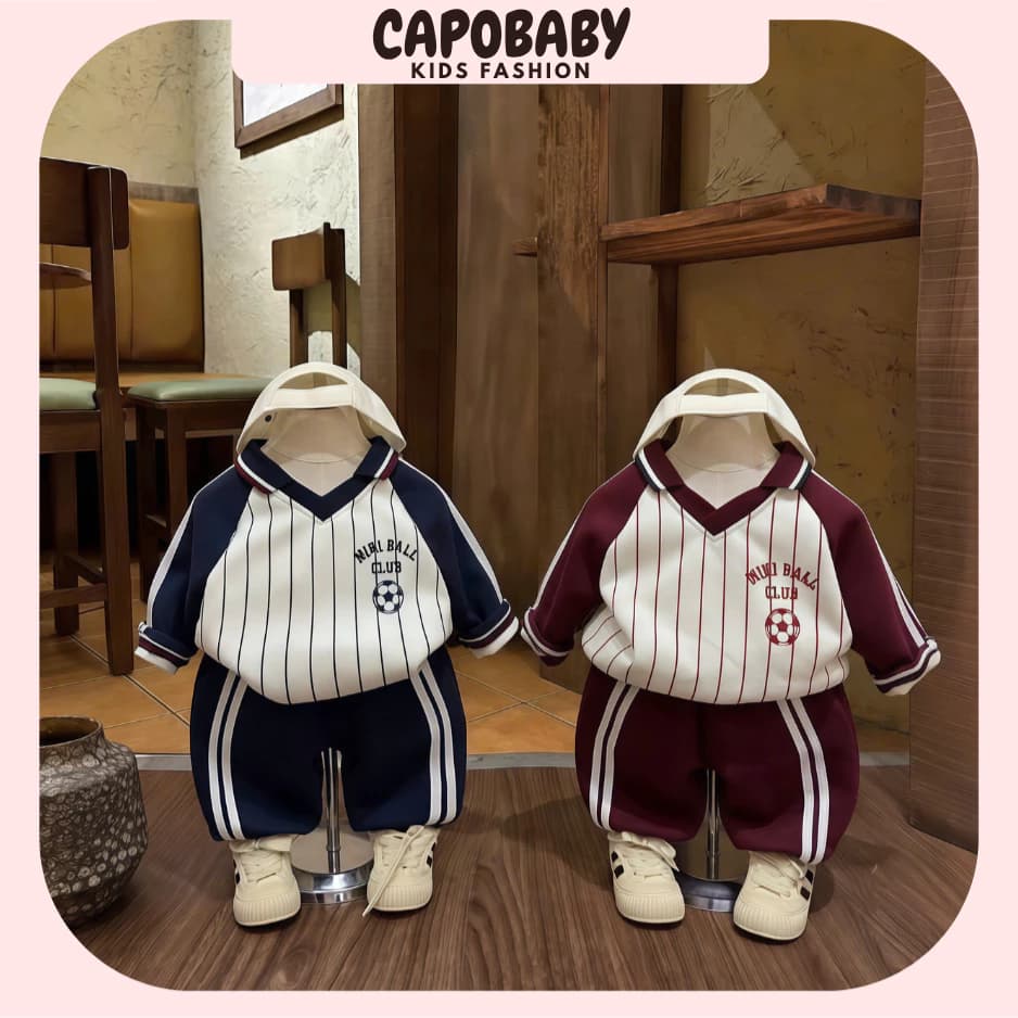 Set Bộ Nỉ Thu Đông Cho Bé Phong Cách Thể Thao Baseball Kẻ Sọc Kèm Mũ Cực Ngầu Chất Dày Dặn CapoBaby(NB76)