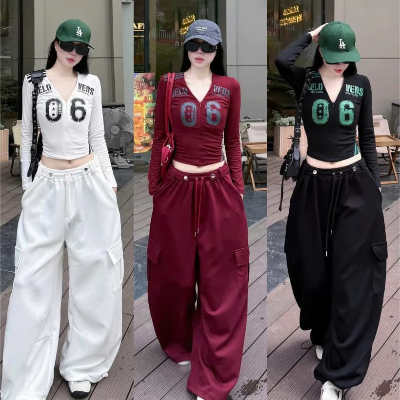 Set Bộ Đồ Nữ Áo Thun Zip Dài Tay Khóa Ngực In 06 Dáng Ôm Body Mix Quần Umi Suông Dài Ống Rộng