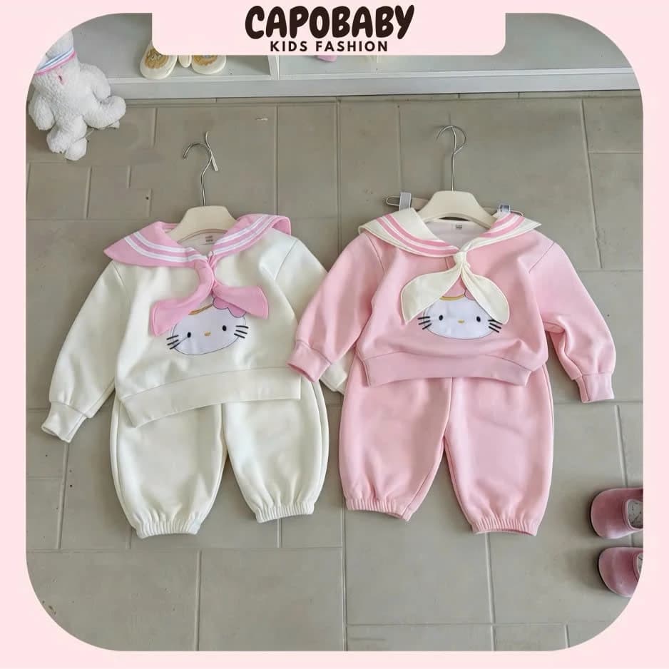 Bộ Quần Áo Thu Đông Cho Bé Gái CapoBaby Phong Cách Thủy Thủ In Mèo Dễ Thương Chất Nỉ Bông Dày Dặn Xinh Xắn(BT678)
