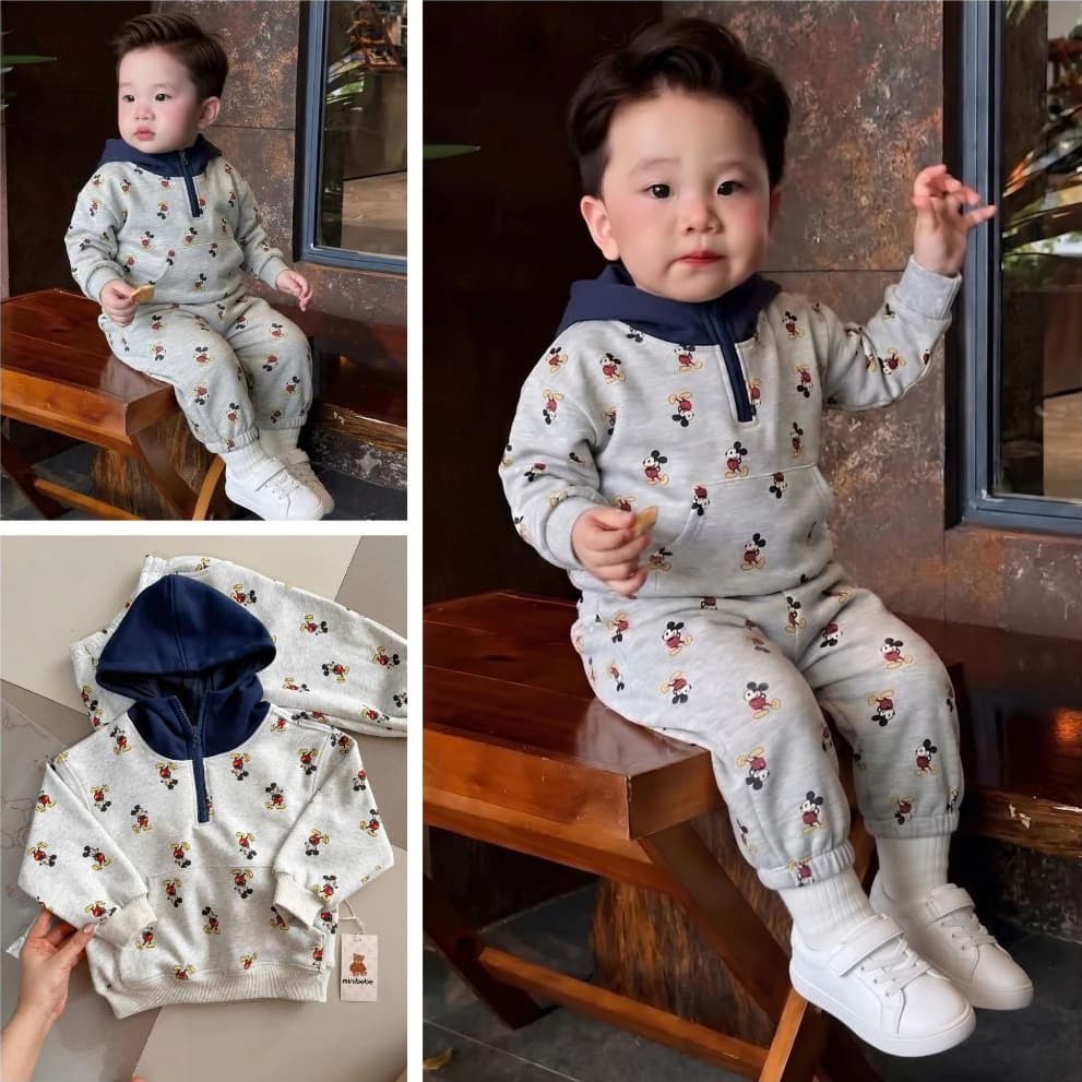 Bộ thu đông bé trai micky cổ khoá kéo, Set áo hoodie bé trai kèm quần chất nỉ bông dày dặn [9-24kg]