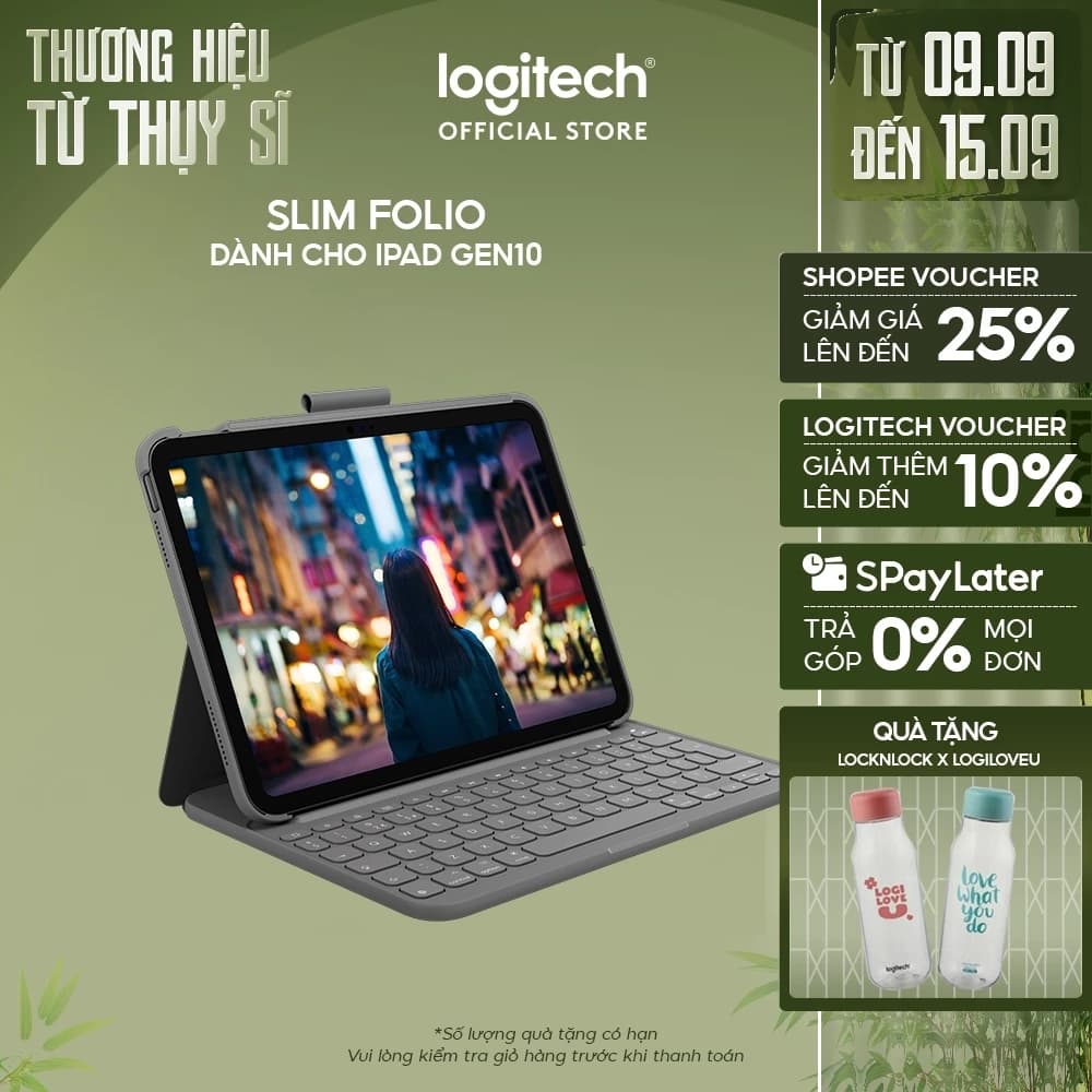 Bao da case kèm phím Logitech Slim Folio dành cho iPad Gen 10 (10.9 inch) & iPad A16 - Bluetooth, Pin 3 năm