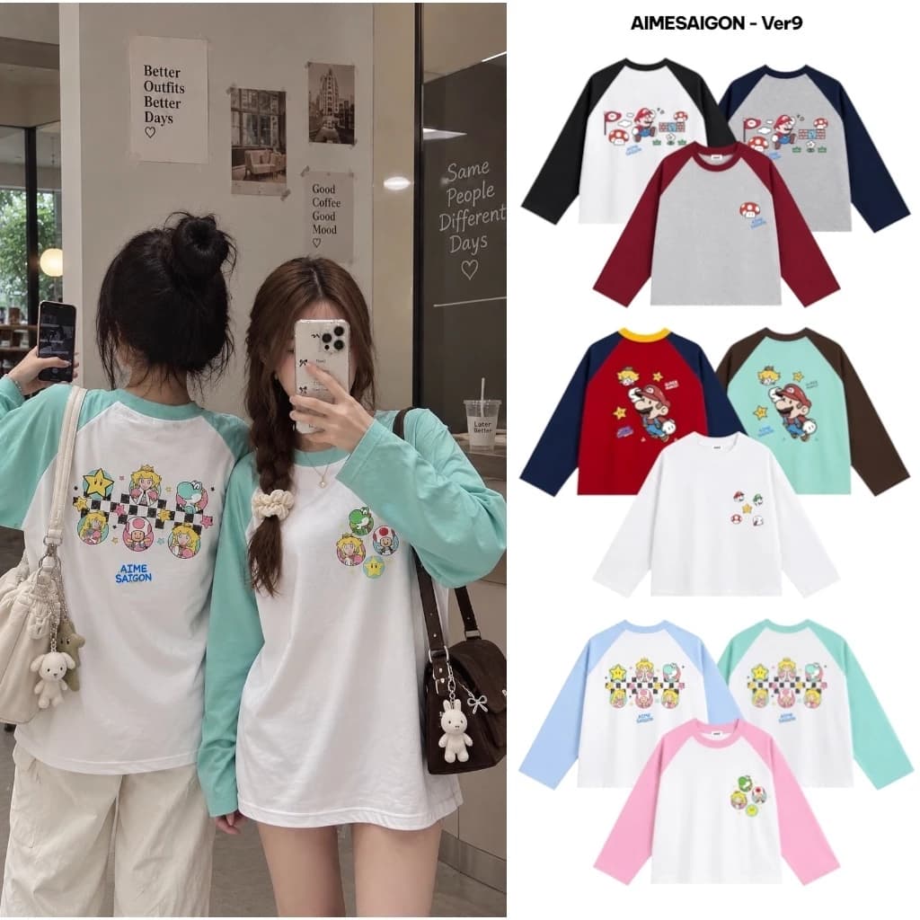 [ATDRL09 Ver9] Aimesaigon Áo Thun Tay Dài Raglan Cotton Long Sleeve Boxy AIMÉ Form Rộng Cổ Tròn "MARIO" Unisex Nam Nữ