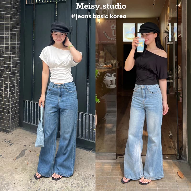 Quần jeans bò ống rộng loe nữ cạp lưng cao bản gấu thường phong cách Hàn Quốc Meisy QL04-26