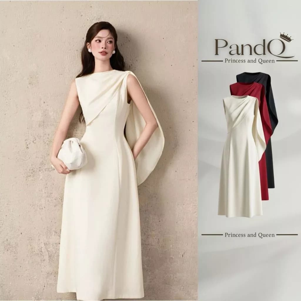 Váy Đầm Dài Lệch Vai PandQ Phối Vạt Choàng Tôn Dáng Dáng Xòe A Phong Cách Sang Trọng Quý Phái | vd0148
