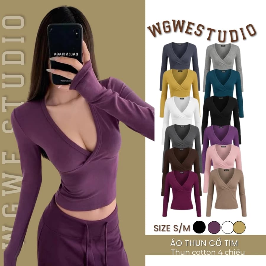 ENEN - Áo Thun Nữ Ôm Body Tay Dài Cổ V Chéo Ngực Co Giãn Nữ Tính 11184