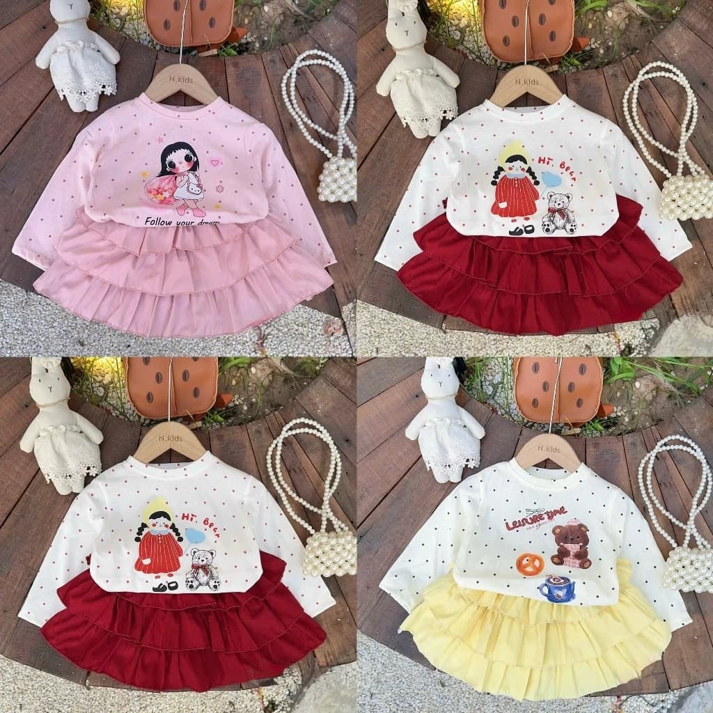 Set áo tay dài kẻ sọc in hình gấu kèm chân váy xòe xếp ly bé gái dễ thương H2T Baby Kids
