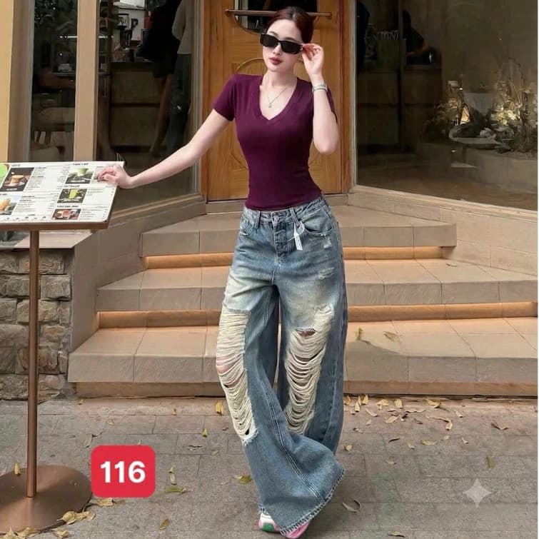 Quần jean Nữ Suông Lưng Cao, Quần Baggy Jean Nữ Ống Rộng chất bò không giãn thời trang trẻ trung 06