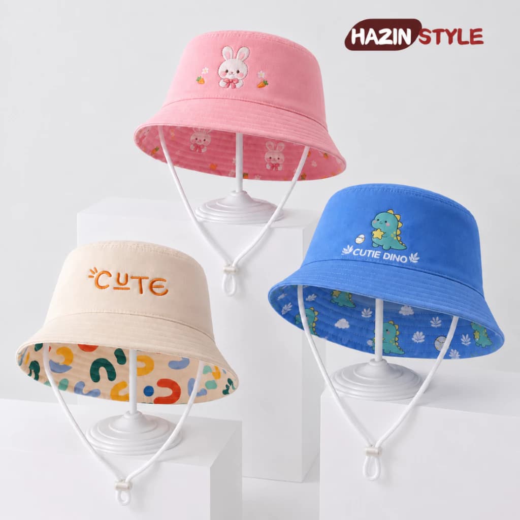 Mũ Bucket 2 Mặt Cho Bé 1-3 Tuổi, Vành Rộng Che Nắng, Cotton Mềm, Có Dây Giữ