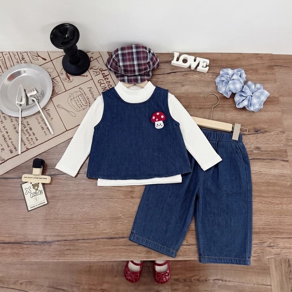 Set Đồ Jean Bé Gái Áo Dài Tay Phối Gile Mix Quần Dài Ống Rộng Thêu Hình Nấm Dễ Thương Phong Cách Hàn Quốc