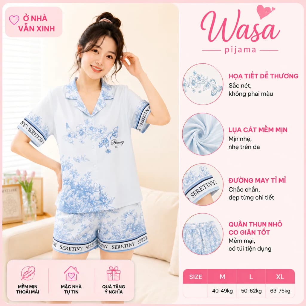[Wasa] Bộ Đồ Ngủ Nữ Pijama Áo Cộc Quần Cộc Beautyful Lụa  Freezise  40-68kg