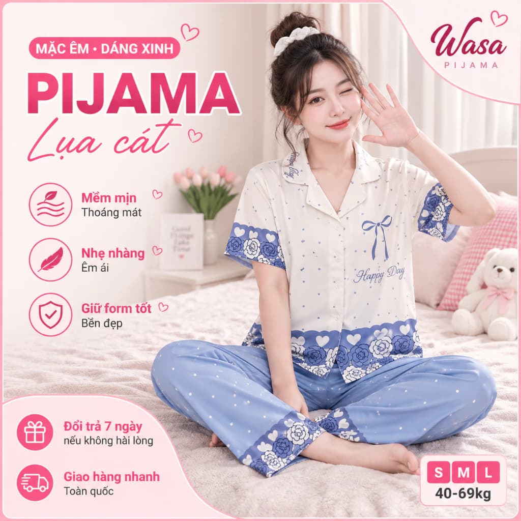 Wasa Pijama | Pijama Nữ Tay Cộc Quần Dài Lụa Cát Mềm Mát Đồ Ngủ Nữ Bộ Mặc Nhà Size S-L