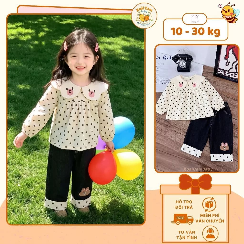 Set Đồ Bé Gái Dài Tay Chấm Bi Áo Sơ Mi Baby Doll Cổ Sen Quần Dài Phối Nơ Gấu Dễ Thương Thời Trang Cho Bé Đi Học