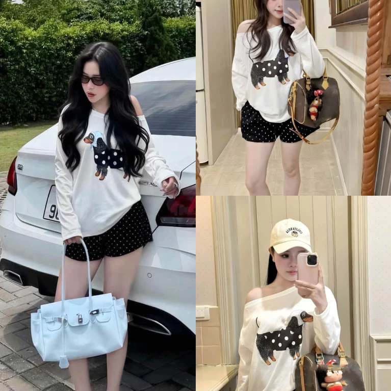 Set Bộ Thu Đông Nữ, Áo Nỉ Mỏng Chân Cua Lệch Vai In Hình Kèm Quần Short Chấm Bi 2 Size