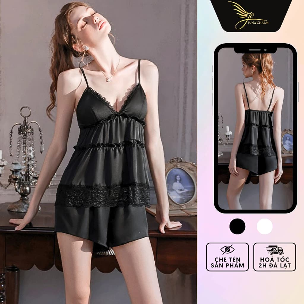 Bộ Ngủ 2 Dây Quần Đùi, Đồ Mặc Nhà JUNA Freesize Thời Trang Đồ Ngủ Dành Cho Nữ, Chất Lụa Phối Ren Cao Cấp, Màu Đen/SP2466