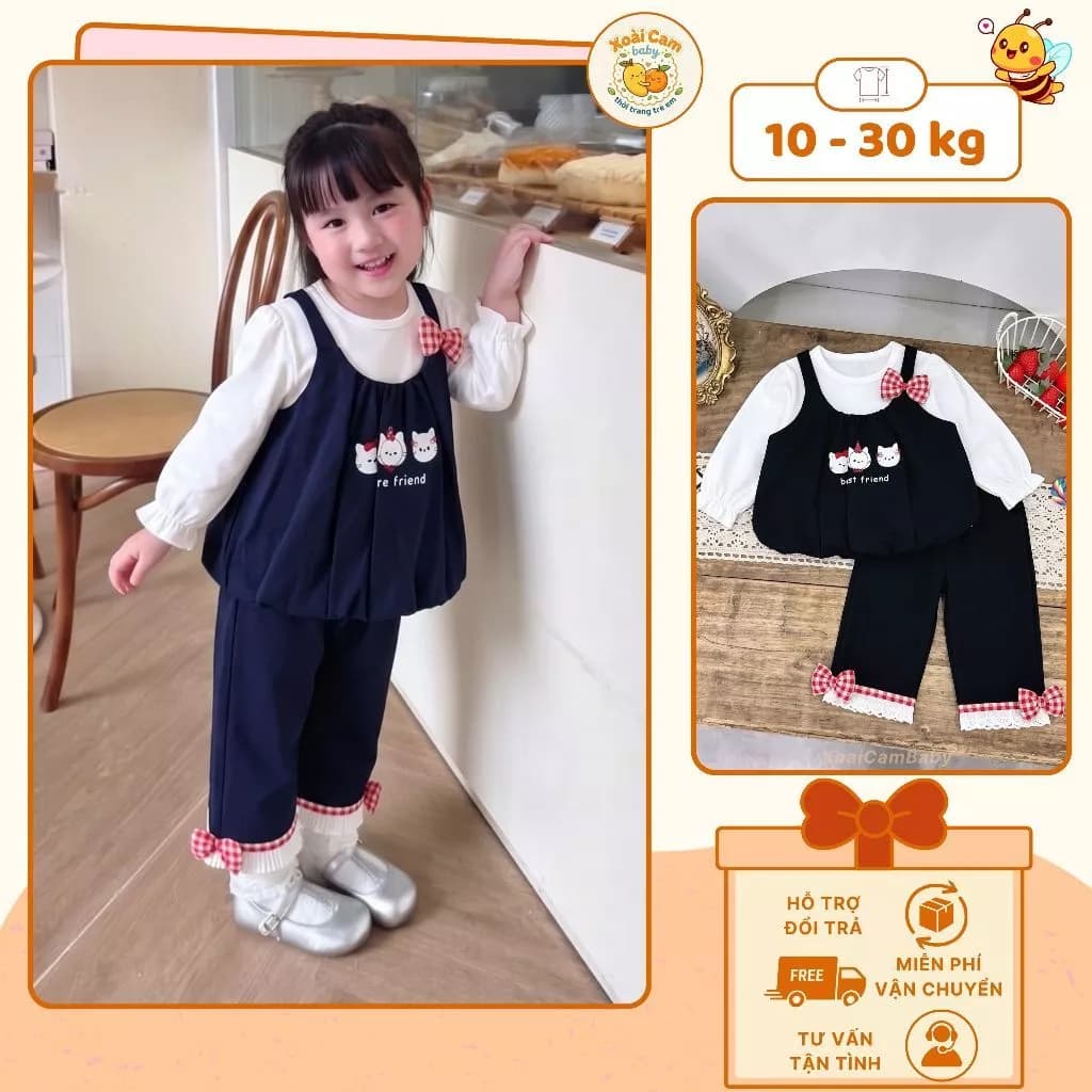 Set Đồ Dài Tay Bé Gái Thu Đông Áo Thun Trắng Phối Yếm Đen Hình Mèo Quần Dài Nơ Caro Đỏ Dễ Thương, Set Thời Trang Trẻ Em