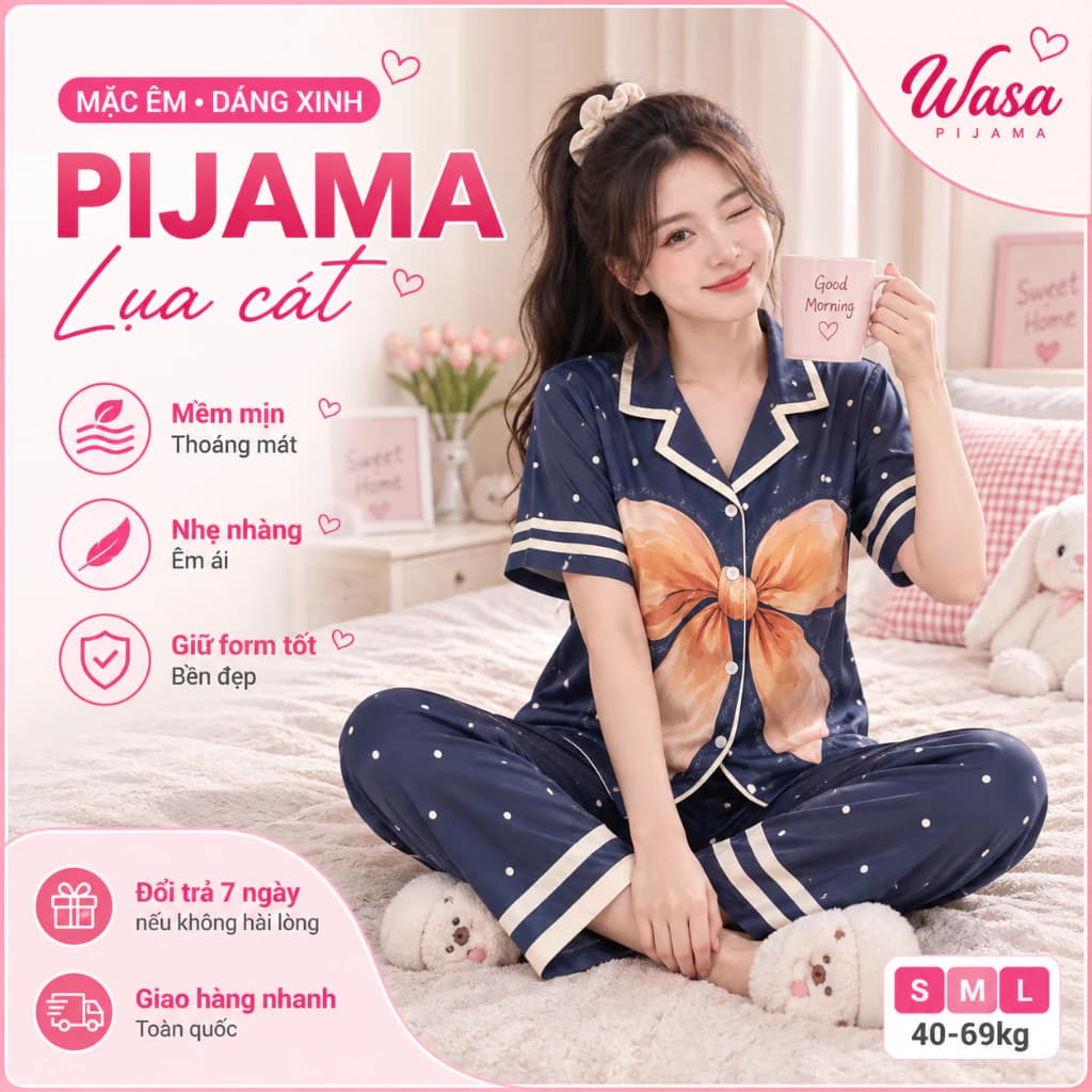 [WASA PIJAMA] Pijama Lụa Cát Cao Cấp Bộ Đồ Ngủ Nữ Mặc Ở Nhà Đủ Size 40kg - 68kg Hot Trend 2026