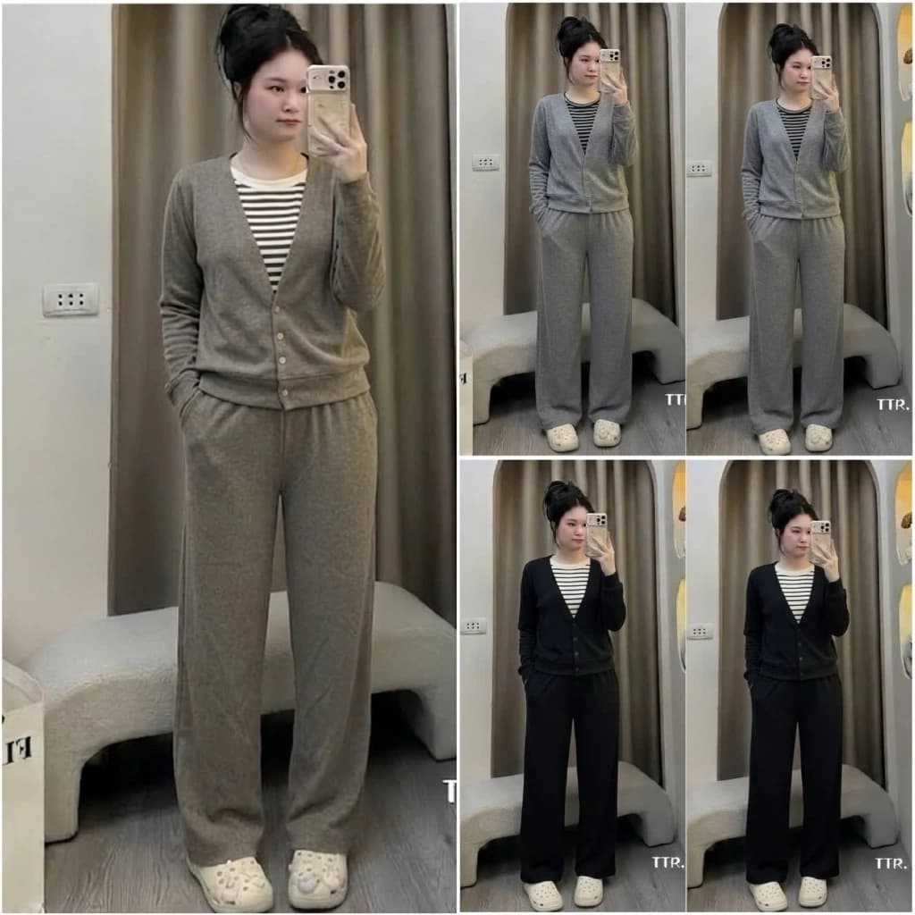 HT90.(Sét áo phối kẻ + Quần suông) Sét chất len lông thỏ mềm, dày áo dài tay+ quần suông.