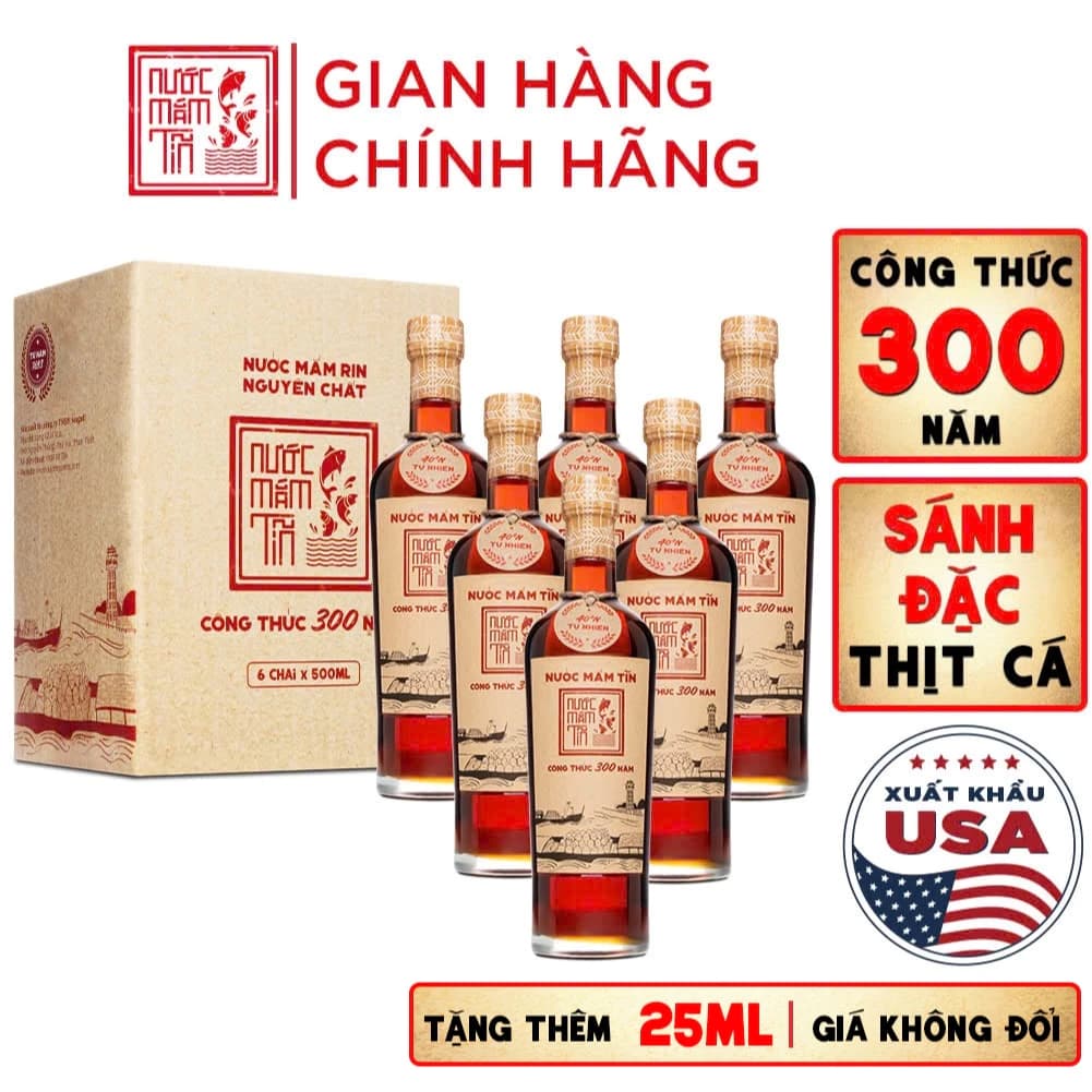 [Thùng 6 chai nước mắm ngon] Nước Mắm Tĩn Nhãn Đỏ Độ Đạm 40N Chai Thủy Tinh 525ml Truyền Thống Sạch