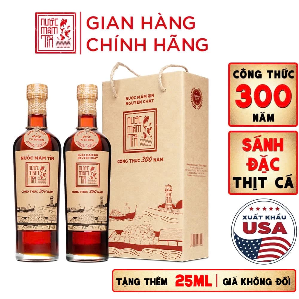 [Hộp 2 Chai] Nước Mắm Tĩn Nhãn Đỏ Độ Đạm 40N Chai Thủy Tinh 525ml Rin Nguyên Chất Truyền Thống Sạch Không Chất Bảo Quản