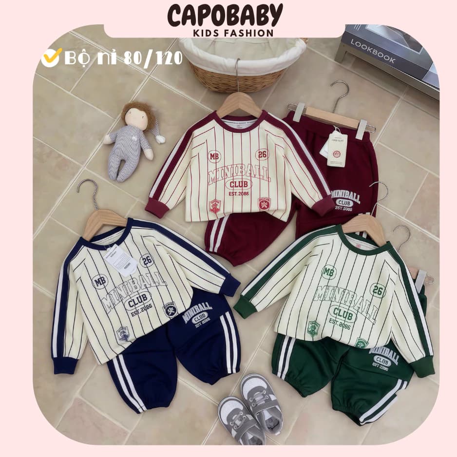 Bộ Nỉ Thu Đông CapoBaby Cho Bé Họa Tiết Kẻ Sọc Phong Cách Thể Thao Miniball Club Co Giãn Ấm Áp(TD34)