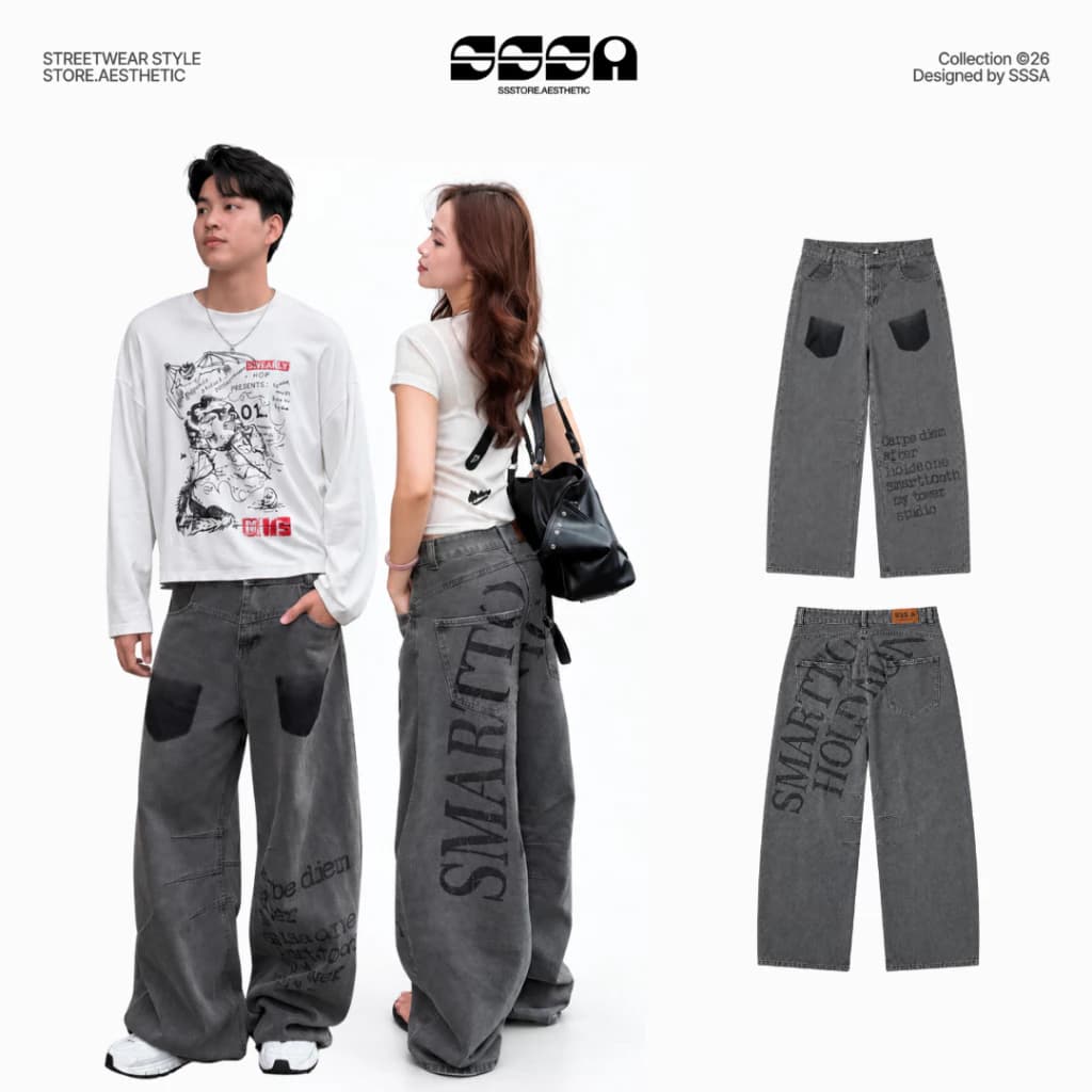 Quần Jeans Wash Túi Ghost Pocket Graphic Form Ống Cong Rộng Nam Nữ Tôn Dáng | SSSTORE.Aesthetic