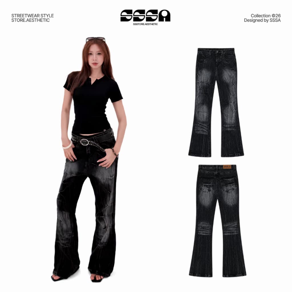 Quần Jeans Ống Loe Wash Thunder Y2K Form Unisex Cá Tính Nam Nữ | SSSTORE.Aesthetic