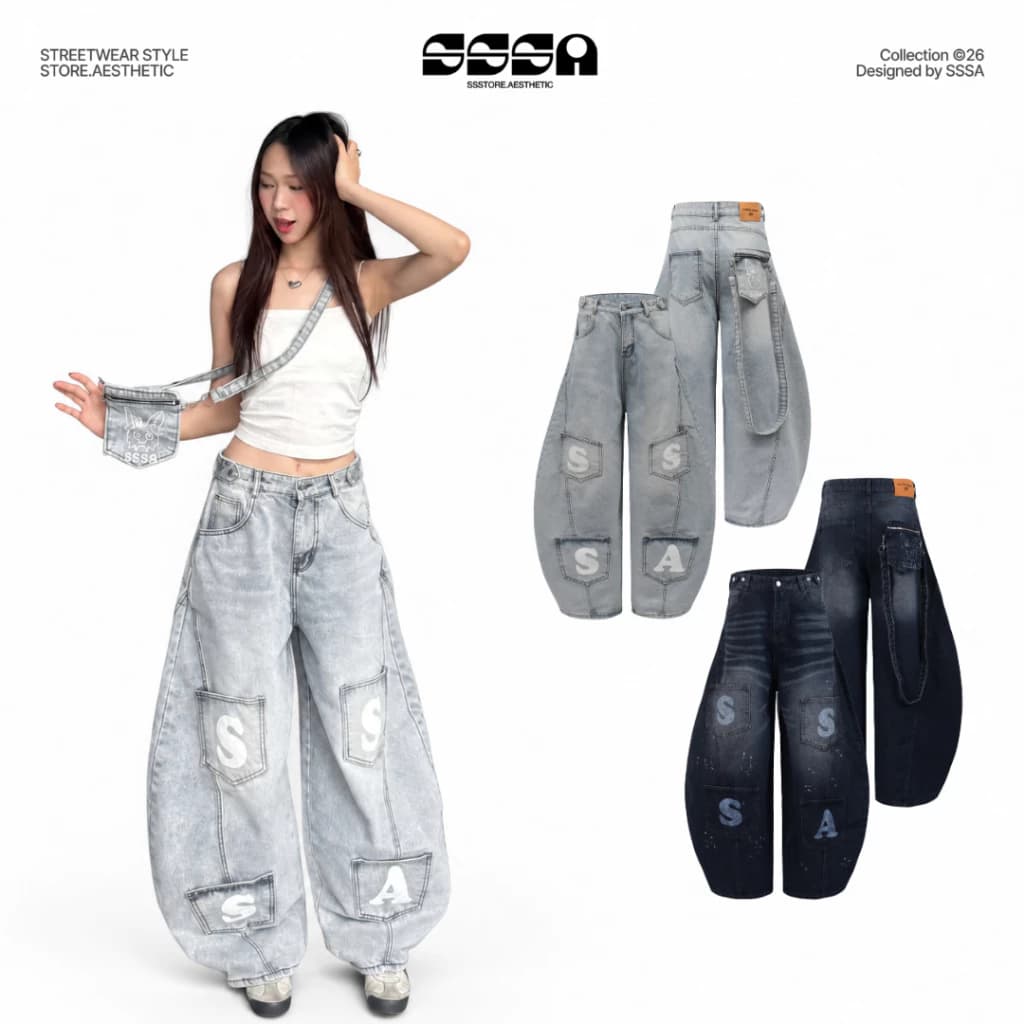 QUẦN JEANS PHỐI TÚI ĐEO CHÉO THÁO RỜI PREMIUM FORM RỘNG TÔN DÁNG NAM NỮ ĐAI SIẾT EO | SSSTORE.AESTHETIC