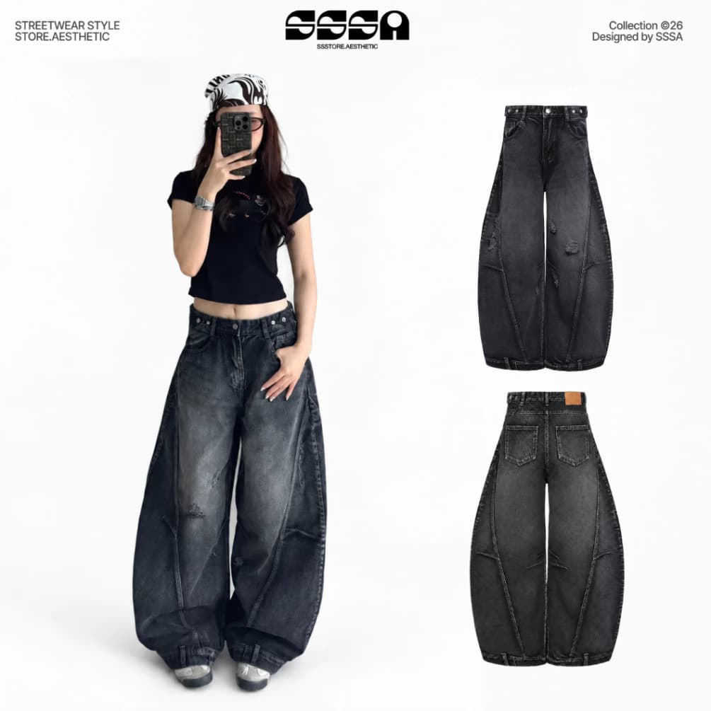 Quần Jeans Ống Cong Wash PREMIUM Đứng Form Tôn Dáng Unisex Nam Nữ - Đai Siết Eo | SSSTore.Aesthetic