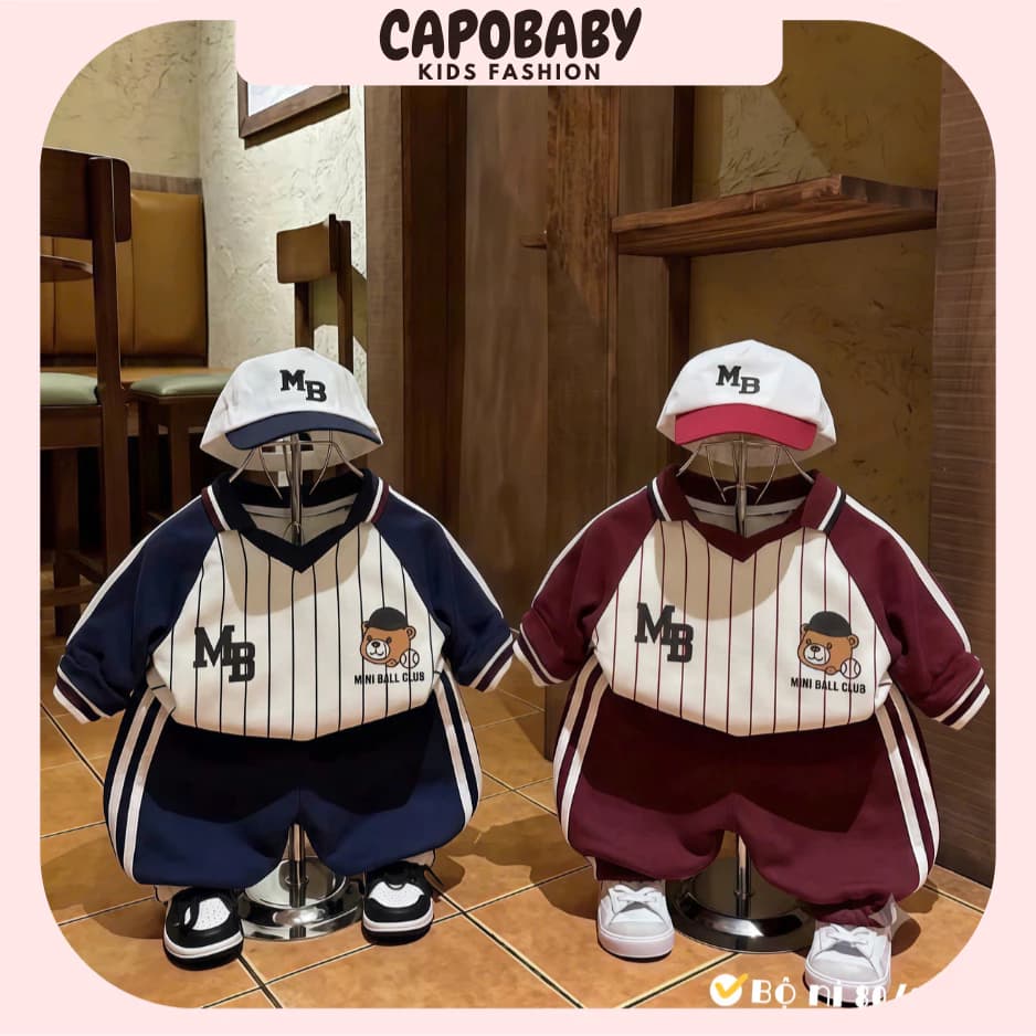 Bộ Nỉ Thu Đông CapoBaby Cho Bé In Hình Gấu MB Style Bóng Chày Thể Thao Ấm Áp Co Giãn (TD23)