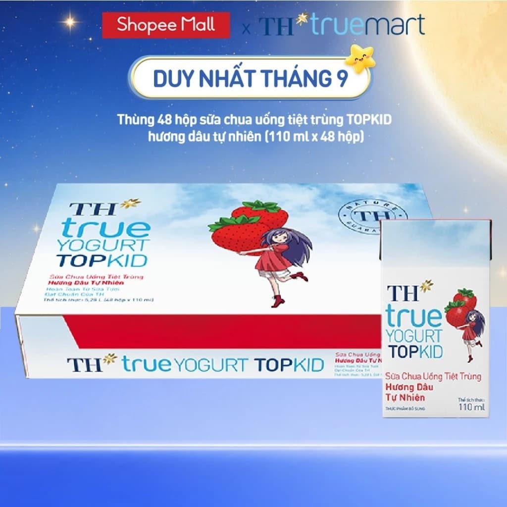 [Livestream] Thùng Sữa Chua Uống Tiệt Trùng TH true YOGURT TOPKID milk Hương Dâu 110ml (48 Hộp)