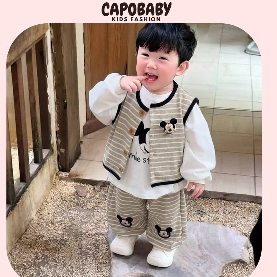 Bộ Quần Áo Thu Đông 3 Món Cho Bé CapoBaby Ghi Lê Kẻ Sọc Kèm Áo Dài Tay In Hình Mickey Phong Cách Hàn Quốc(TD56)
